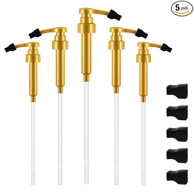 Nuogo Coffee Syrup Pump Compatible with Monin 750ml (25.4 Fl Oz) Glass Bottles Flavor Syrup Pump Dispenser with Tip Covers(5 Pcs,Gold)