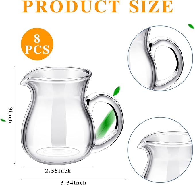 Suclain 8 Pcs 4 oz Glass Creamer Pitcher Transparent Milk Pourer Mini Milk Pitcher Small Glass Pitchers Mini Carafe Coffee Mug Coffee Pot Creamer Pitchers for Tea Syrup (Handle Style)