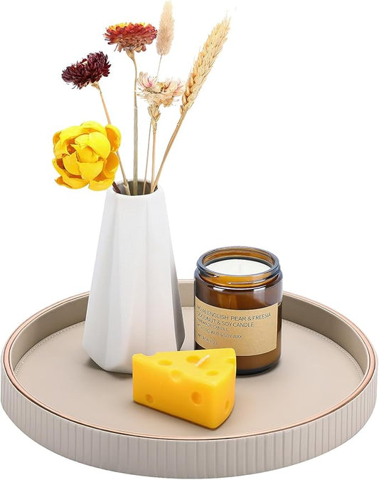 KINGFOM Round Decorative Tray, PU Leather Vanity Tray Organizer with Gold Trim for Dresser, Coffee Table & Bathroom Counter, Modern Home Decor Jewelry & Perfume Tray for Men Women (Beige)
