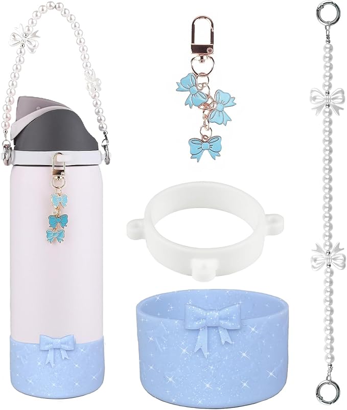 Water Bottle Accessories Set for Owala FreeSip 24oz、32 oz– Includes Pearl Handle Strap, Bow Charms,2.9in .3inch Silicone Bling Boot for Owala Accessories for Women