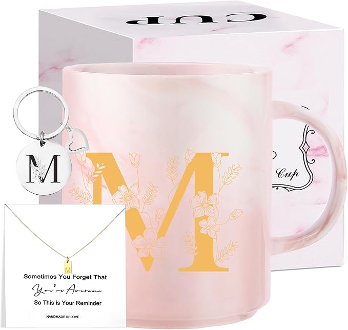 Monogrammed Valentine Days Gifts for Women, 11 oz Initial Ceramic Coffee Tea Mug with Necklace, Unique Mohters Day Birthday Gift for Her Wife Teacher Friend Mom, M