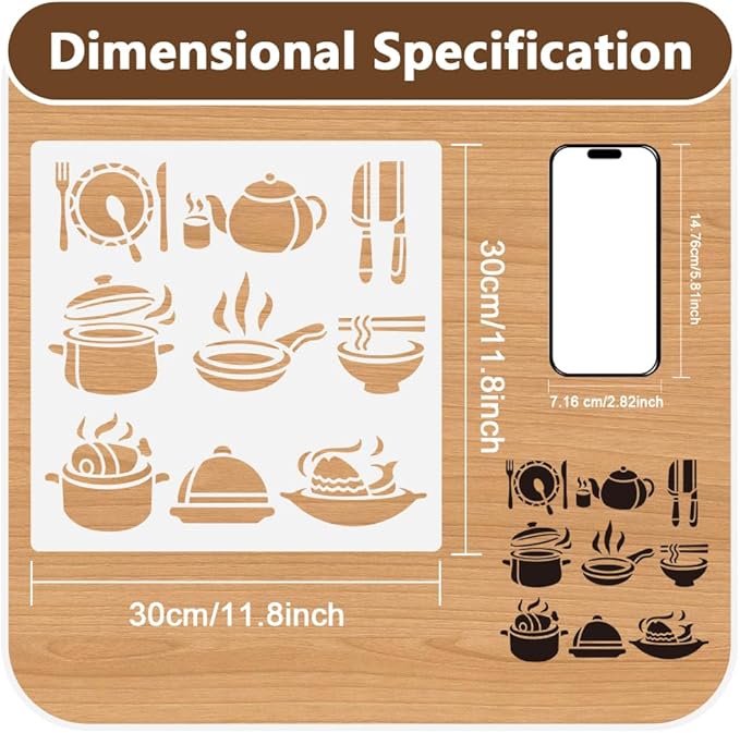 1pc Kitchenware Wall Painting Stencil for Kitchen, 11.8”x11.8” Reusable Stencil for Wood Burning, Paint Templates DIY Craft Art Stencil on Wall Wood Fabric Canvas Furniture Journal