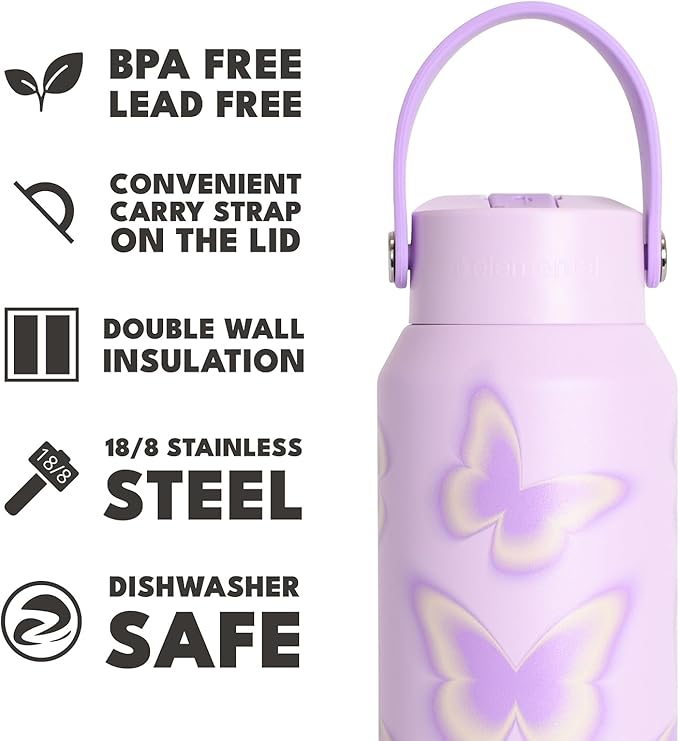 Elemental 40oz Insulated Water Bottle with Straw - 100% Leak-Proof Stainless Steel Core Water Bottles for Travel, Sports and Gym - Double Wall Insulation & BPA Free - Butterfly Kiss