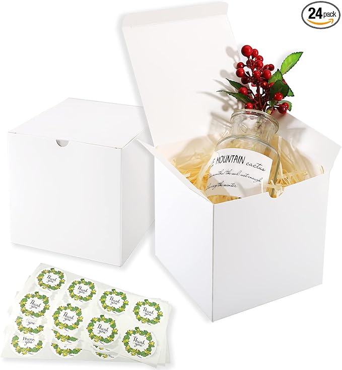 Frantis White Gift Boxes, 24 Pack 4x4x4 inch Small Gift Boxes with Lids for Weddings, Christmas, Ornaments, Bridesmaid Boxes Easy to Assemble Includes 24 Thank You Stickers