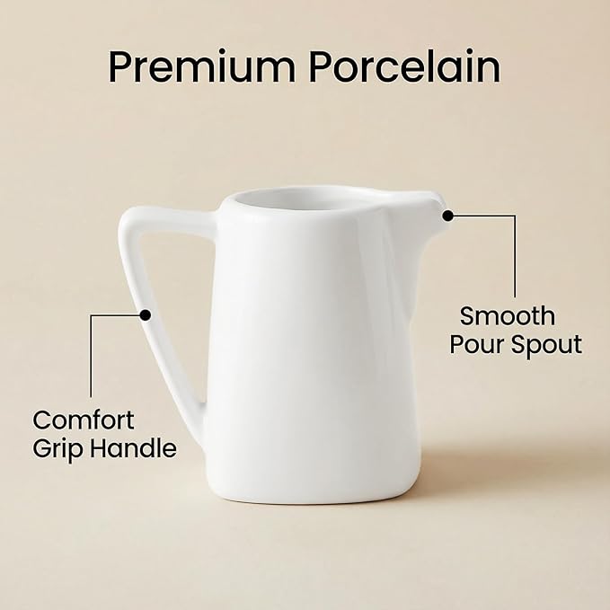 Classic White Small Creamer Pitcher with Handle 5.8 oz/170 ml, 4 Pack Fine Porcelain Square Small Milk Pitcher, Mini Gravy Boat, for Coffee Milk Sauces Salad, Microwave, Freezer Safe