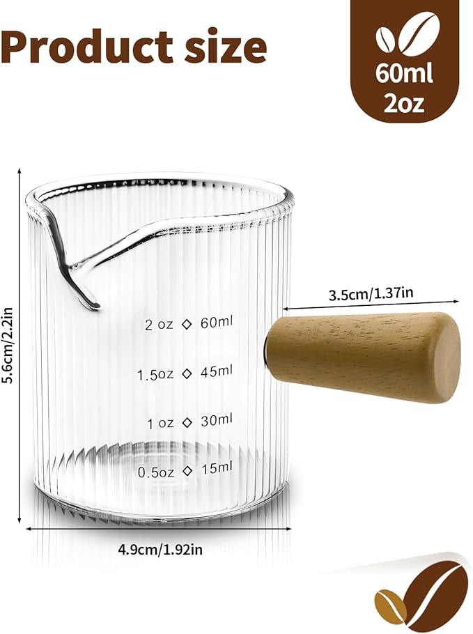 Espresso Measuring Cup 2 OZ, Espresso Glass Cups with Wood Handle, Milk Frothing Cup, Espresso Cup for Coffee, Milk, Tea or Maple Syrup Serving (Transparent, 2 oz)