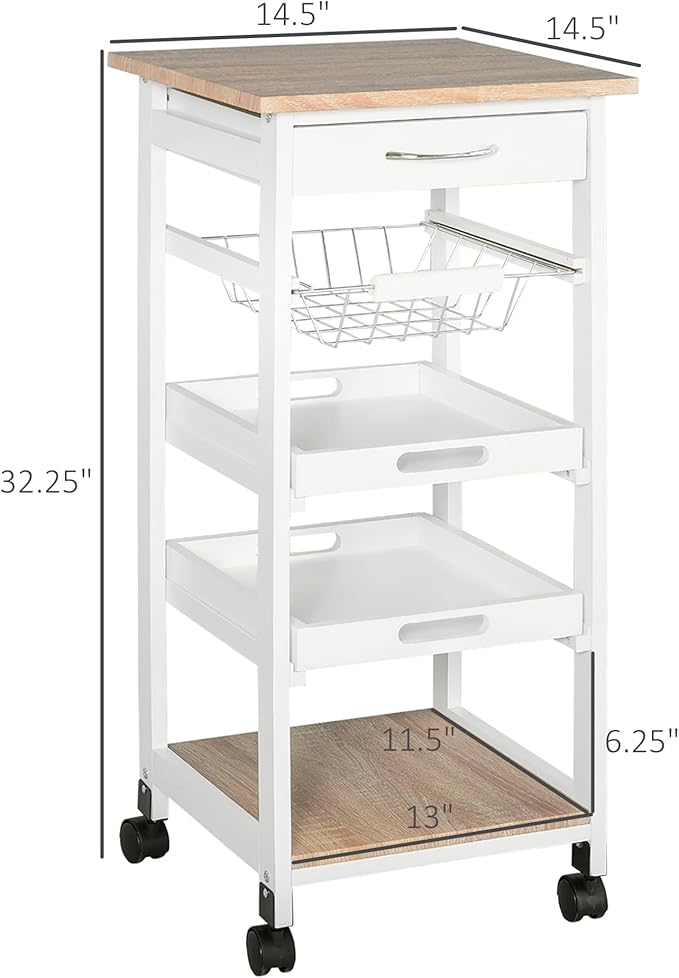 HOMCOM Mobile Kitchen Cart, Rolling Kitchen Island with Storage, Solid Wood Frame Utility Cart with Wire Fruit Baskets, Trays and Drawer, White