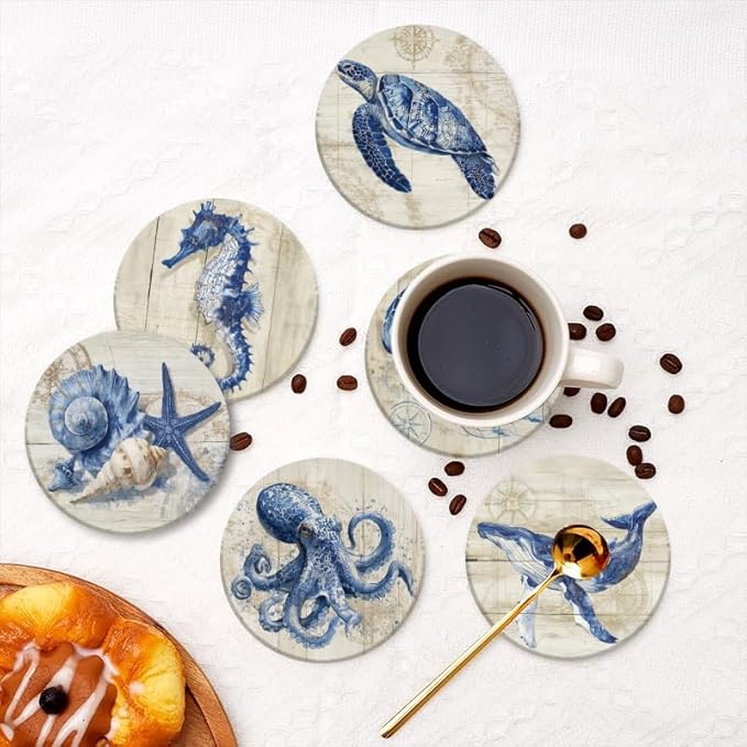 Drink Coasters Set of 6 with Holder Vintage Marine Style Wood Grain Nautical Coasters Cork Base Absorbent Ceramic Coasters,Ocean Themed Gifts,Suitable for Dining Tables & Coffee Tables