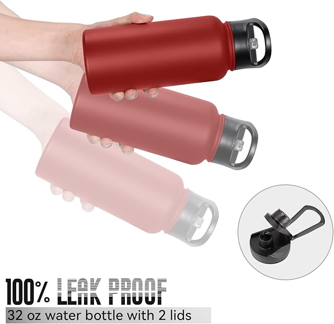 32 oz Insulated Water Bottle Bulk 4 Pack, Stainless Steel Sports Water Bottles with Straw Lid & Wide Mouth Lids, Double Walled Vacuum, Leak Proof, Red