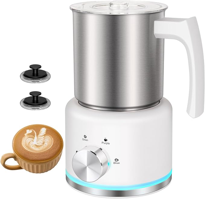 Milk Frother, 16.9 OZ Milk Frother and Steamer, 4 in 1 Electric Milk Frother Dishwasher Safe, Durable Silent Working Frother for Coffee, Hot and Cold Foam Maker, White