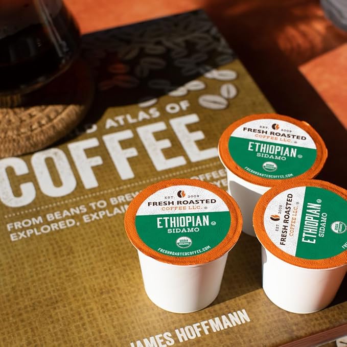Fresh Roasted Coffee, Organic Ethiopian Sidamo |USDA Organic, 100% Single Origin, Kosher | Light Roast 24 Pods for K Cup Brewers