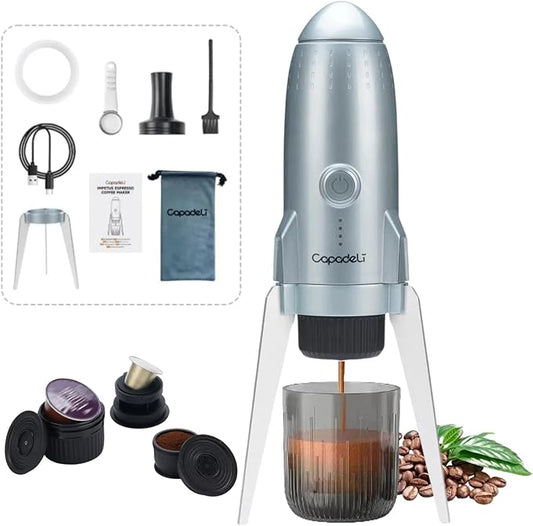 Portable Electric Espresso Machine Travel Coffee Maker for Camping 3 in 1 Self-Heating for Ground Coffee & DG NS Capsule Pods For Travel Camping and Hiking (Space Grey)