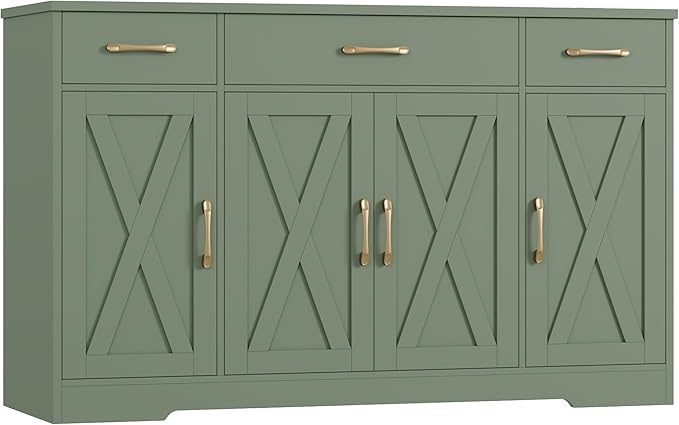 HOSTACK Buffet Sideboard Cabinet with Drawers, 55" Large Buffet Storage Cabinet with Shelves and Doors, Modern Farmhouse Coffee Bar Station for Kitchen, Dining Room, Green