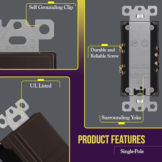 ENERLITES Double Paddle Rocker Decorator Switch, Clamp-Type Back Insert Wiring, Copper Wires Only, Single Pole, Residential/Commercial Grade, 15A 120-277VAC, 62834-BR, Brown