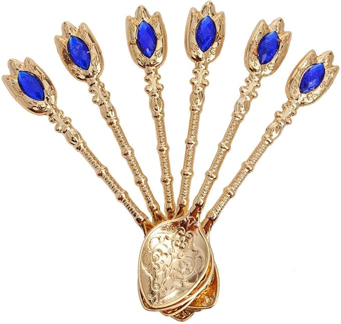 Alisveristime Handmade Turkish Tea Glass Set - Traditional Turkish Motifs, Set of 6 with Lids and Bonus Tea Spoons (Gold)