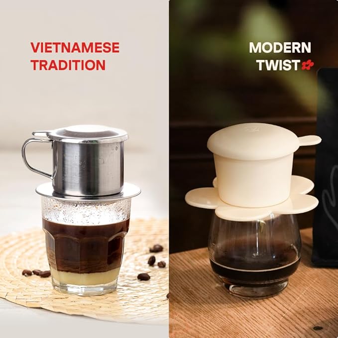 Pour Over Coffee Dripper - Vietnamese Phin Filter – Single Cup Coffee Maker 1-2 Cup with Flower Design – Plastic Reusable Coffee Filter for Manual Brewing, Travel Friendly (Pink + Navy)