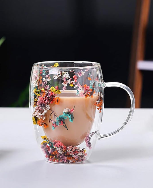 Double Glass Flower Tea Cup, Aesthetic Preserved Flower Cup, Cute Insulated Tea Cup with Handle, Heat Resistant & Lead-free Coffee Mugs, Gifts for Birthday Mother's Day, Perfect for Women Wife Mom (D)