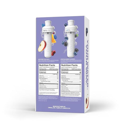 Cirkul 32oz. Matte Periwinkle Stainless Steel Water Bottle Starter Kit with Purple Lid, 2 Flavor Cartridges (1 LifeSip Blackberry Blueberry, 1 GoSip Berry Blue Punch) No Sugar, Zero Calorie Drink Mix