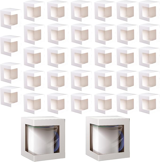 Yuixoseu 36 Pack Mug Boxes for Gifts, Small Gift Boxes with Clear Window, Transparent Cups Wrapping Box for Sublimation Mugs Coffee Cups DIY Crafts Candle 11oz, 12oz, 15oz Gift Wrapping (White)