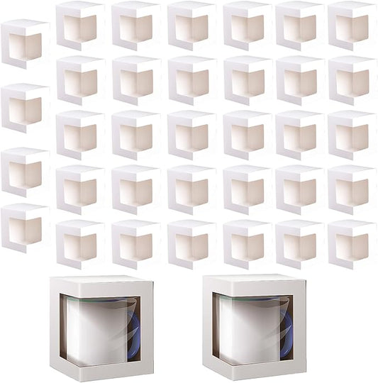 Yuixoseu 36 Pack Mug Boxes for Gifts, Small Gift Boxes with Clear Window, Transparent Cups Wrapping Box for Sublimation Mugs Coffee Cups DIY Crafts Candle 11oz, 12oz, 15oz Gift Wrapping (White)