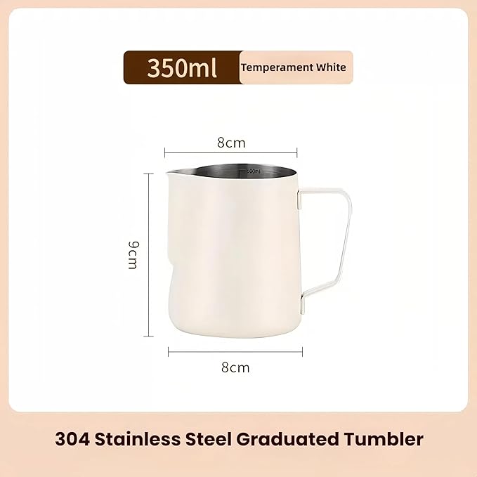 Milk Frothing Pitcher,(350ml/12oz) Steaming Pitchers,Stainless Steel Milk Cup,Cappuccino Latte Art Coffee,Barista Steam Pitchers,Temperament White