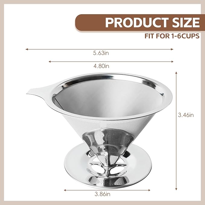 Pour Over Coffee Dripper Stainless Steel Coffee Filter Metal Cone Filter Extra Fine Wire Mesh Reusable Coffee Filter Coffee Maker (Silver, 1-6 Cups)
