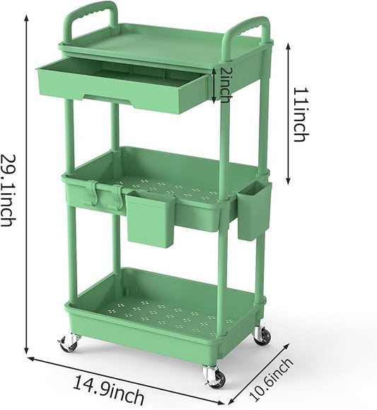 3 Tier Rolling Utility Cart with Drawer, Plastic Storage Organizer Rolling Carts with Wheels Handles Hanging Cups Hooks for Office, Bathroom, Kitchen,Craft Art Room (Green)