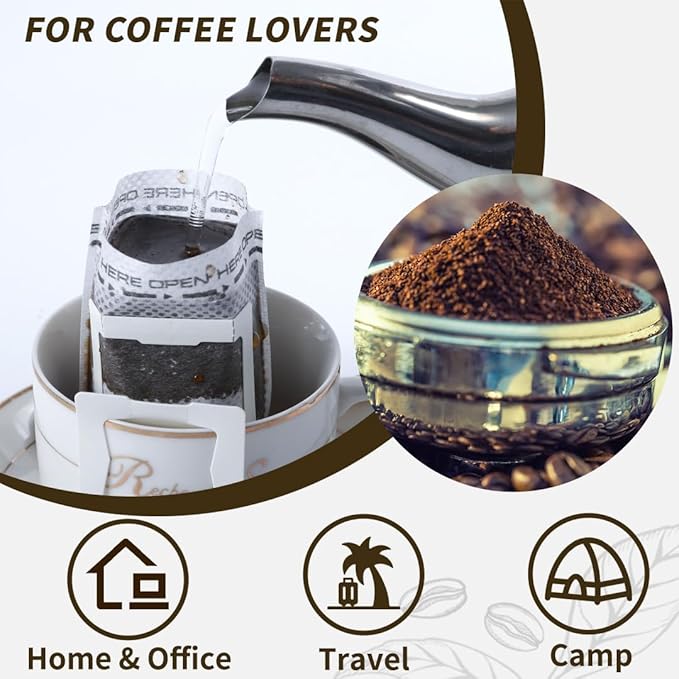 100 PCS Drip Coffee Bag with Coffee Filter Paper Bag (100 PCS) Black Aluminum Foil Hanging Ear Coffee Beans Storage Packaging Bags, Portable Heat Seal Drip Coffee Pouches for Travel, Camping, Home