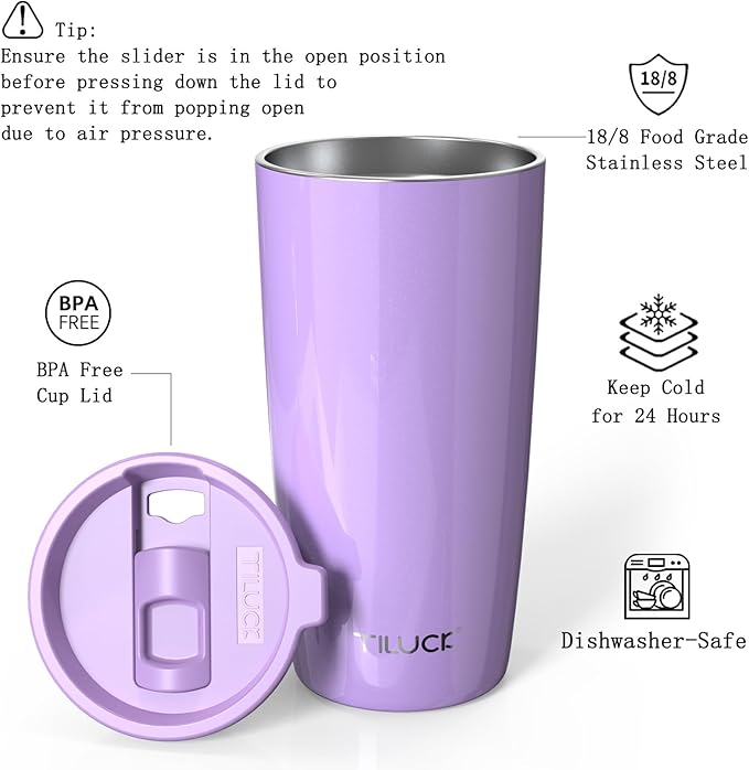 TILUCK 20 oz Tumbler with Lid, Double-Walled Vacuum Insulated Travel Coffee Mug, Durable Stainless Steel Coffee Tumbler (Lavender, 20oz)