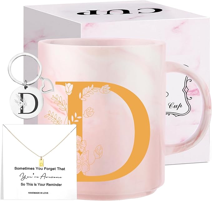 Monogrammed Valentine Days Gifts for Women, 11 oz Initial Ceramic Coffee Tea Mug with Necklace, Unique Mothers Day Birthday Gift for Her Wife Teacher Friend Mom, D