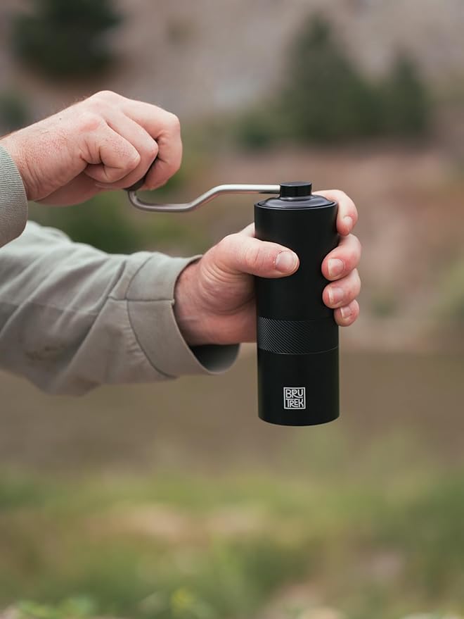BruTrek Camp Coffee Hand Grinder - Durable Travel Stainless Steel Burr Coffee Grinder, Adjustable Grind Size Settings, High Capacity, Easily Grind Whole Beans for French Press Pour Over or Espresso