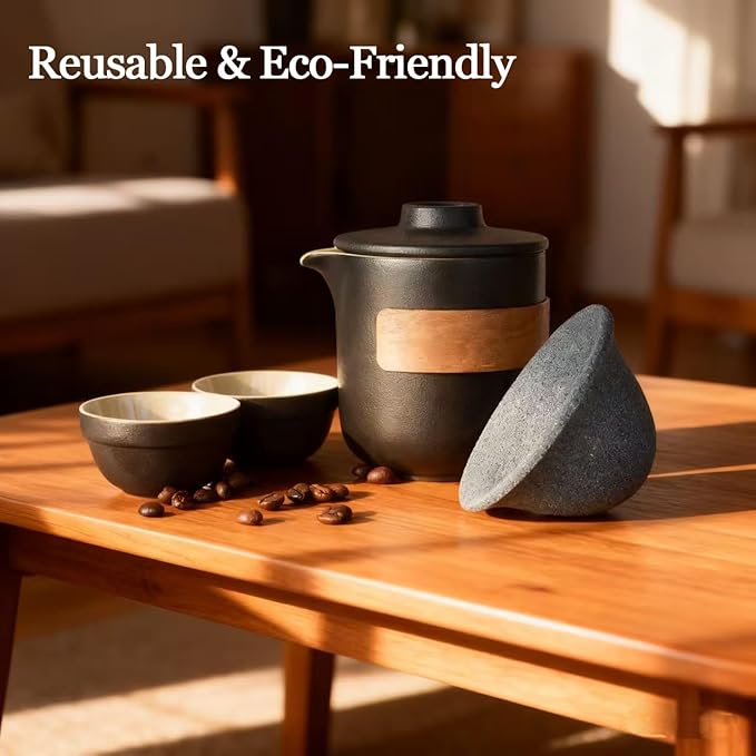 Pour Over Coffee Maker - All-Ceramic Drip Set, Single Serve Coffee Maker with Pour Over Dripper, Reusable Ceramic Filter & Carafe, Portable Travel Drip Kit with Cup + Storage Bag