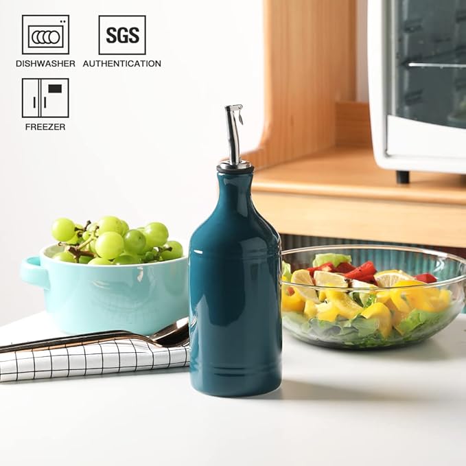 Sweejar Ceramic Olive Oil Dispenser Bottle, Opaque Oil Cruet Protects to Reduce Oxidation, Suitable for Storage Vinegar, Coffee Syrups & Other Liquids, Pack of 1, 15.5 Fl Oz(Teal Green)