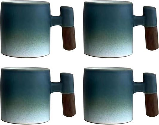 2-Oz Ceramic Espresso Cups with Wood Handle, 2/4-Piece Set for Coffee, Tea, Latte - Dishwasher Safe, Multi-Color & Wood Styles, Gift & Café Use (blue white, Wooden Handle4)