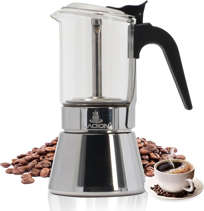 LAOION Stovetop Espresso Maker, 3Cup 160ml Moka Pot, Crystal Glass-top & Stainless Steel Coffee Maker Mocha Pot, Greca De Cafe, Cuban and Italian Coffee Maker for Cafetera Cubana