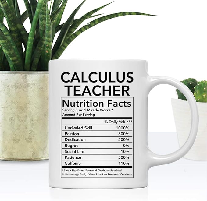 Andaz Press Funny 11oz. Ceramic Coffee Tea Mug Thank You Gift, Calculus Teacher Nutritional Facts, 1-Pack, Novelty Gag Birthday Christmas Gift Ideas Coworker