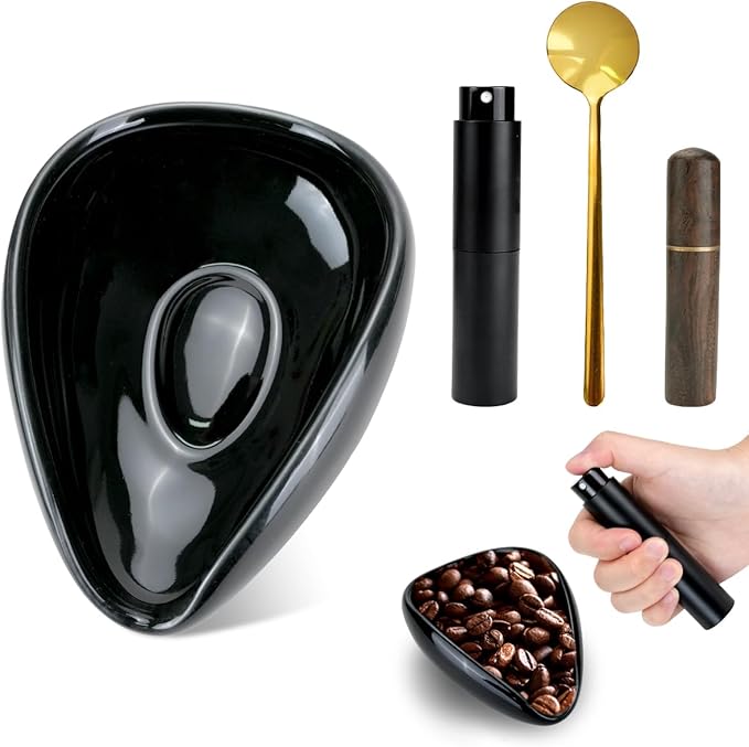 4Pcs Coffee Bean Dosing Cup and Spray Bottle Kit For Espresso, Espresso Coffee Stirrer and Spoon Set, Ceramic Dosing Vessel Tray/Single Dose Measuring Tray Coffee Bar Accessories for Coffee Lover