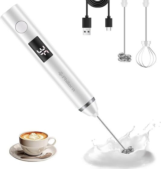 Philorn Milk Frother Wand Handheld Rechargeable Electric Whisk Coffee Drink Mixer, Mini Foamer for Lattes, Cappuccino, Frappe, Matcha, Hot Chocolate, Protein Powder, Keto Diet (White 2 Heads)