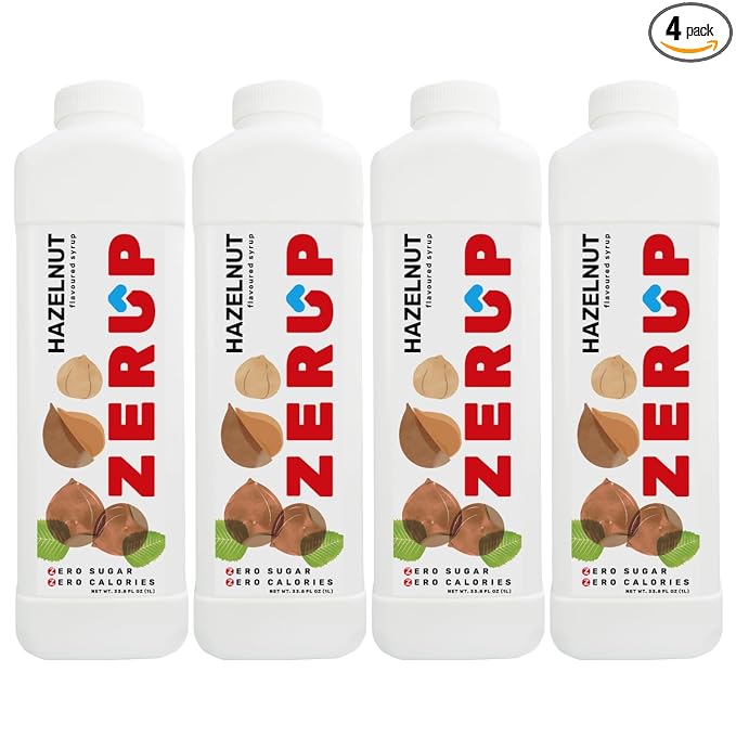 Zerup Zero Sugar Hazelnut Syrup, Sugar-Free Coffee Syrup, Zero Calories and Sugar, Keto Friendly, Ideal for Lattes, Cappuccinos, Espresso, Americano, Indulgent Taste 33.8 Oz (1L), Pack of 4