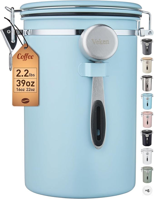 Veken Coffee Canister, 39OZ Large, Airtight Stainless Steel Food Storage Container for 2.2lbs Coffee Beans, Ground, Sugar, Tea, Cookie, Flour, Kitchen Bar Accessories with Date Tracker & Scoop, Blue