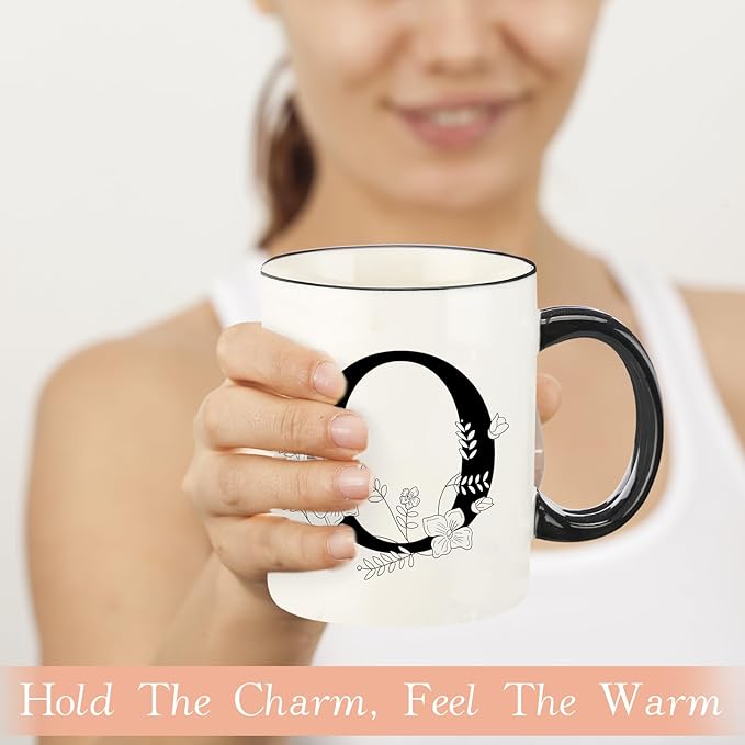 Monogram Ceramic Coffee Mugs, 11 oz Initial Drinking Cup with Gift Box, Unique Birthday Valentines Day Gifts for Women Wife Mothers Day Grandma Mom Aunt, O
