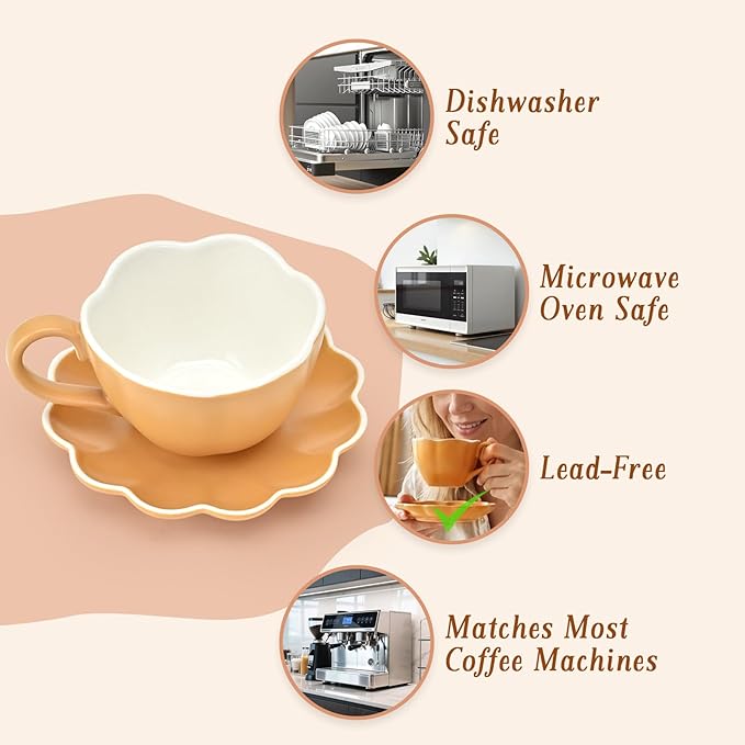 MyBudsBuzz Ceramic Espresso Cups with Saucers 6 oz,Coffe Cups for Cappuccino,Latte,Tea with Saucers Set of 2 - Flower - Caramel Brown