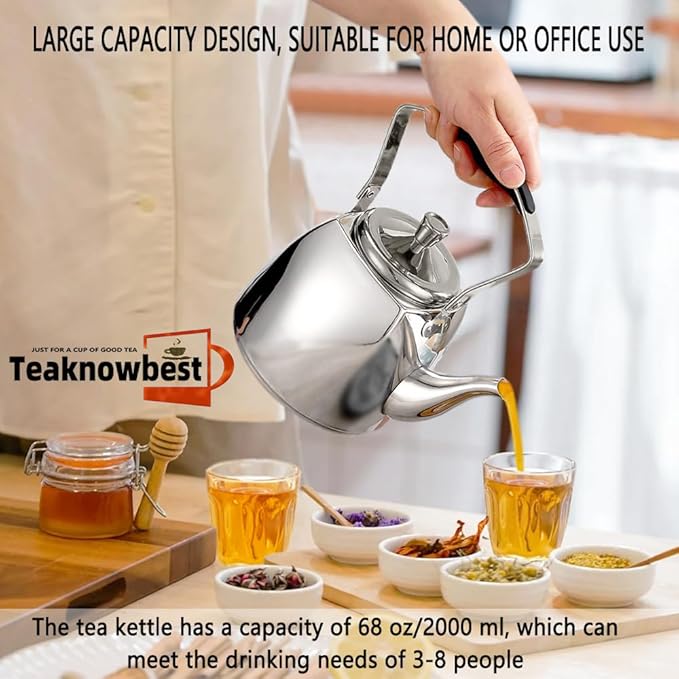 Stainless Steel Teapot with Infuser, Loose Leaf Tea Pot 68oz, Stovetop Safe Tea Kettle, Dishwasher Safe (2000ml)