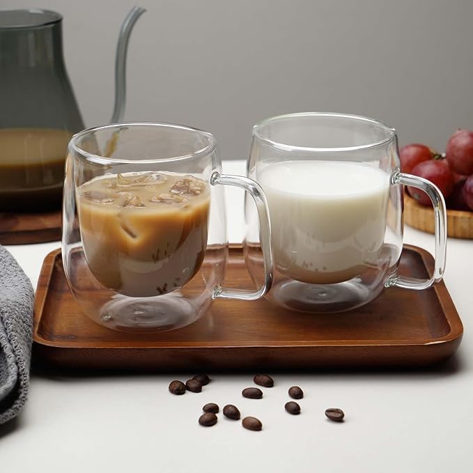 Double Wall Glass Coffee Mugs -8.2Oz Clear Insulated Glass Espresso Cups with Handle Mugs for Hot Beverages,set of 2 Perfect for Cappuccino Latte Americano Tea Bag (Small (2 PACK))