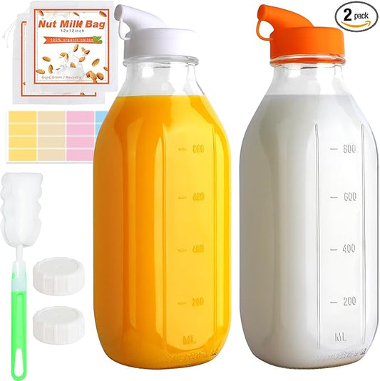 32 Oz Glass Milk Bottles, 2 Pack Scale Mark Drinking Jug with 2 Nut Milk Bags& Airtight Screw Lid & Silicone Pour Cap& Stickers, 1 Quart Reusable Juice Bottle Water Pitcher for Coffee Yogurt