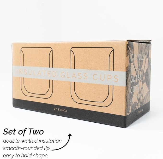 Ethoz® Double Walled Glass Tumblers – Insulated Borosilicate Cups, 8 fl.oz (Set of 2), Ideal for Coffee, Tea, Whiskey, Matcha | Elegant & Durable Design, Perfect for Holiday Gifts!