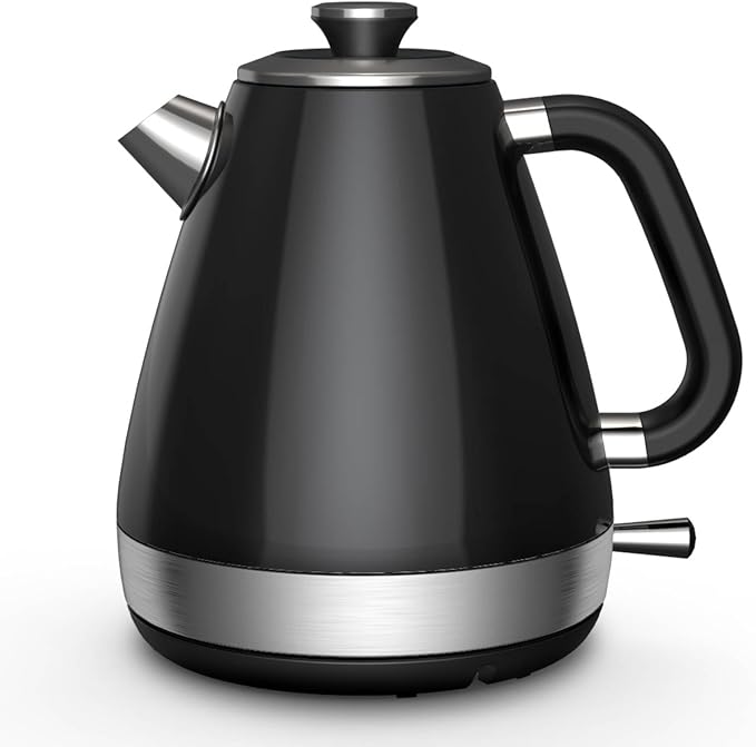 100% Stainless Steel Electric Kettle - No Plastic Contact with Water, 1.7L Retro Water Boiler with 304 Stainless Steel Inner Lid & Spout, 1200W Fast Boiling, BPA Free, Auto Shut-Off, Black