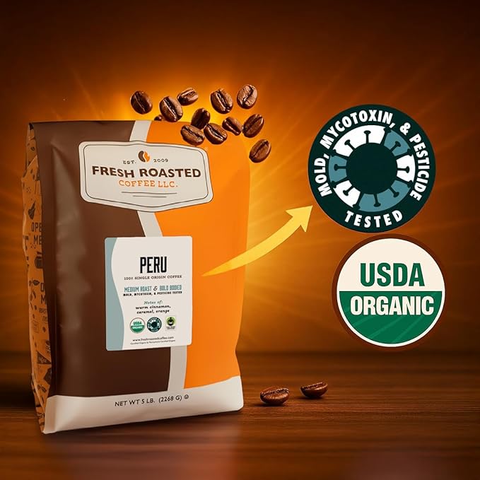 Fresh Roasted Coffee, USDA Organic Peru | 3rd Party Tested for Pesticides, Mold, Mycotoxins, Kosher | 100% Arabica, Specialty Grade, Med Roast 12 oz Whole Bean