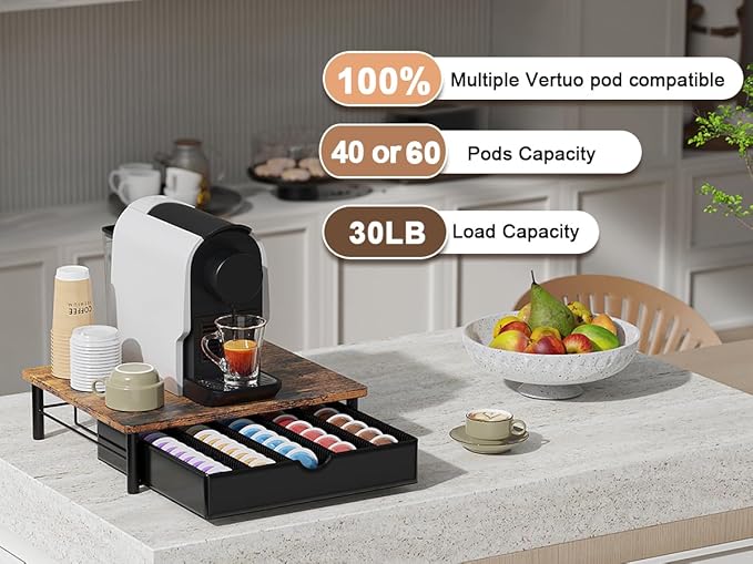 gianotter Wood Vertuo Pod Holder Drawer, Compatible with Nespresso Vertuo Capsules, Compatible with 40 Large or 60 Small Nespresso Capsule Organizer