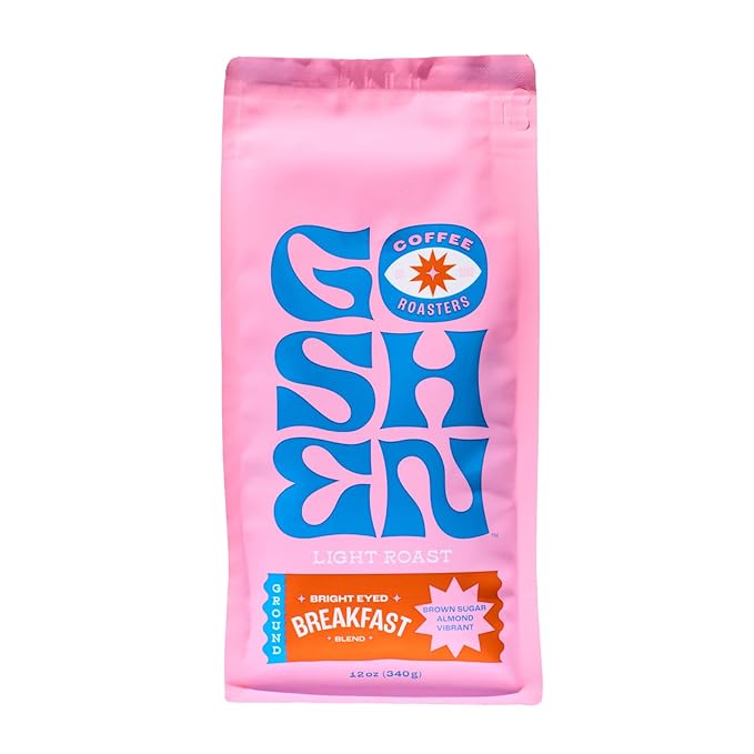 Goshen Coffee Roasters Ground Bean Bright Eyed Breakfast Blend | Light Roast, Brewed or Espresso | Award-Winning - Natural and Washed | Vibrant, Almond, Brown Sugar Flavors | 12 Oz Bag